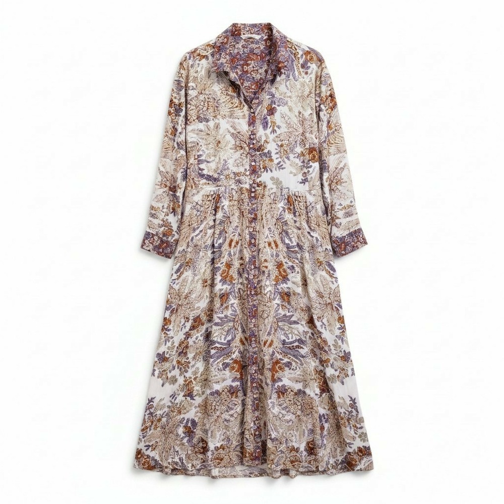 Soft Surroundings Mekness Gold Foil & Cream Floral Button Front Shirt Dress, 2X